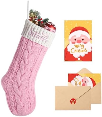 Personalized Christmas Stockings with Christmas Cards,Custom Embroidered Name Monogram Christmas Stocking for Baby Kids Girl Family,18" Large White Pink Knit Xmas Stockings for Fireplace
