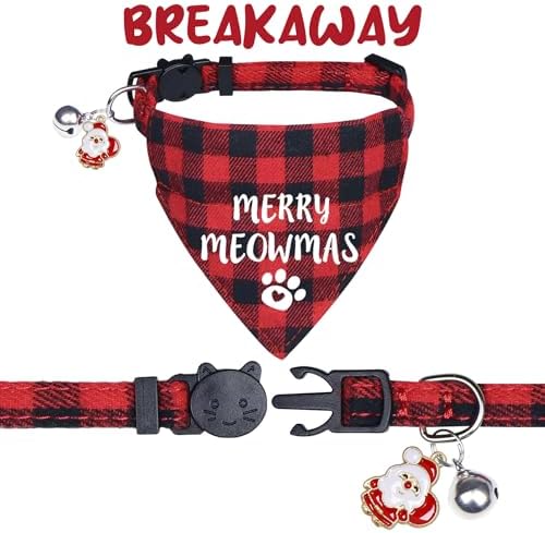 STMK 2 Pack Christmas Cat Bandana Collar with Bell, Breakaway Holiday Cat Kitten Bandana Collar with Bell for Cats Costumes Outfits (Merry Meowmas & Santa's Favorite)