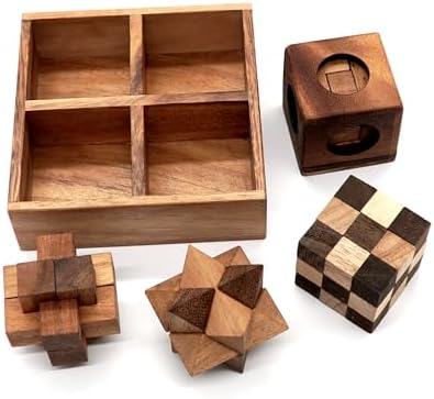 BSIRI Wooden Puzzle Box Set (4 Games) - Challenging Brain Teasers 3D Puzzles for Adults, Interlocking Games for IQ Test. Ideal for Rustic Patio Decor, Unique Gift for Christmas and Birthdays