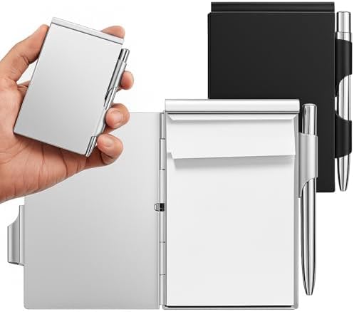 2 Pieces Metal Pocket Notebook with Pen and Refillable Paper, Aluminum Flip Mini Notepad Holder, Small Journal with Pen Holder for Office Supplies Christmas gifts(Black, Silver)