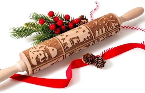 17" Premium Wooden Rolling Pins for Baking with Nativity Embossed Designs | 3mm Deep Springerle Cookie Molds | Christmas Rolling Pin & Baking Gifts for Women | Includes 3-in-1 Cleaning Brush ﻿