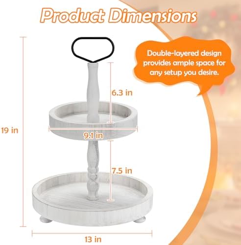 2 Tiered Tray Stand Decor, Wooden 13 Inch Tiered Tray Decor for Farmhouse, Kitchen, Coffee Bar, Home, Suit for Halloween, Fall Thanksgiving, Christmas, New Year