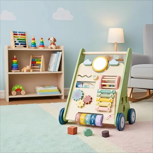 Wooden Baby Walker Wheels,Baby Push Walker for Babies 6-12 Months Montessori,Toddler Walker Push Toy Wooden Activity Walker for Baby Boy,Walking Toys for 1 Year Old Learning to Walk Girl Christmas