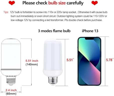 2-Pack DC12V LED Flame Light Bulb Low Voltage AC/DC12V E26 Edison Bulb Orange Fire Flickering Lights for Halloween/Christmas/RV/Outdoor Landscaping/Battery Powered Lighting