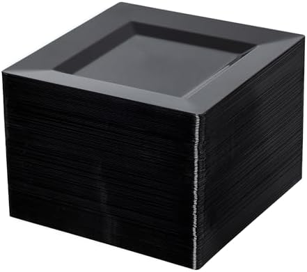 100 Pack Black Plastic Square Dessert Plates, 6.5" Disposable Salad Plates Heavy Duty Plates for Party, Wedding, Christmas, Easter