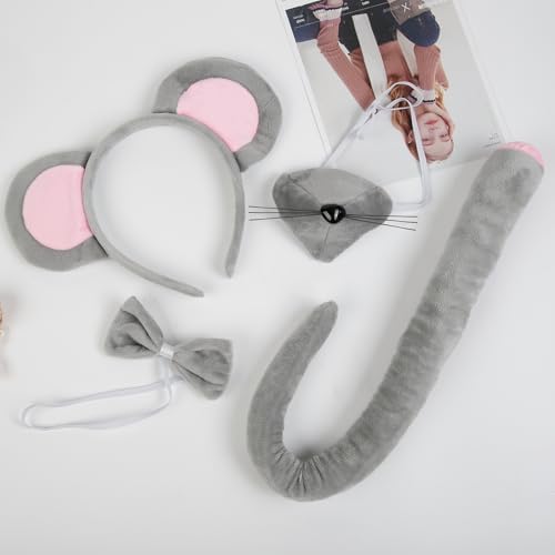 WOVOWOVO Mouse Costume Accessory Set Halloween Rat Costume for Adult Kids, Gray Rat Ears Headband, Nose, Tail & Bow Tie Set for Animal Cosplay Dress Up Party Christmas