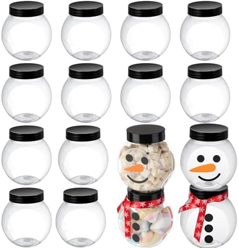 12 Pcs Plastic Candy Jars for Christmas Party Favors Snowman Christmas Candy Jars with Lids,Stickers,Ribbon Clear Xmas Cookie Jar Container Chocolate Storage Jar for Marshmallow Gift