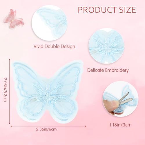 12Pcs Blue Butterfly Hair Clips, Cute Lace Embroidery Flower Butterfly Hair Bow for Women Girls Fairy Hair Accessories Halloween Christmas Party Decor (Blue)