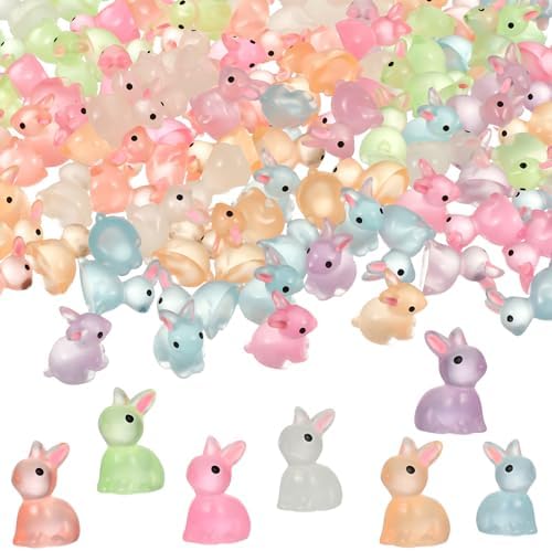 140Pcs Mini Resin Luminous Bunnies Glow in Dark Resin Rabbit Figures for Fairy Garden Luminous Mini Portrait Fairy Garden DIY Christmas Party Ornament Accessories Charms Party Favors