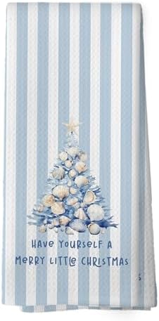 Blue Coastal Beach Christmas Tree Kitchen Towels, Coastal Beach Christmas Decor Hand Towel for Bathroom Kitchen Decor, Xmas Seashell Tree Decorative Tea Towels Dish Towel 16x24 Inch