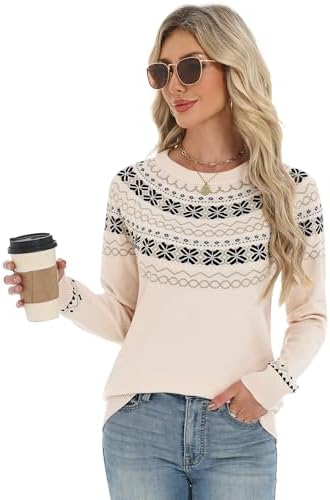 LOMON Womens Casual Lightweight Vintage Fair Isle Sweater Raglan Sleeve Crew Neck Knitted Pullover Comfy Warm Fall Tops