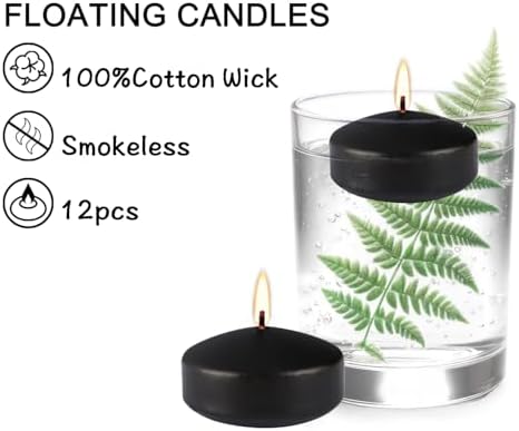 12 Black Floating Candles + 2 Tall Black Pillar Candles (2 Inch) – Unscented, Smokeless, Dripless, Long-Lasting for Wedding Centerpieces, Pool Party Decor, Halloween & Holiday Events
