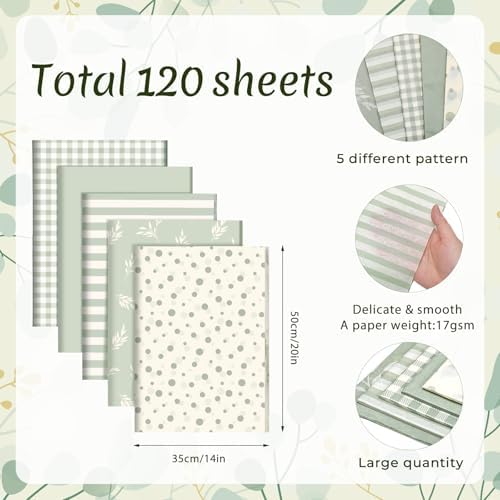 120 Sheets Green Tissue Paper for Gift Bags, Sage Green Botanical Stripe Dot Gift Wrapping Paper Bulk for Wedding Baby Shower Birthday Party Christmas DIY Crafts Packaging, 14 x 20 Inch