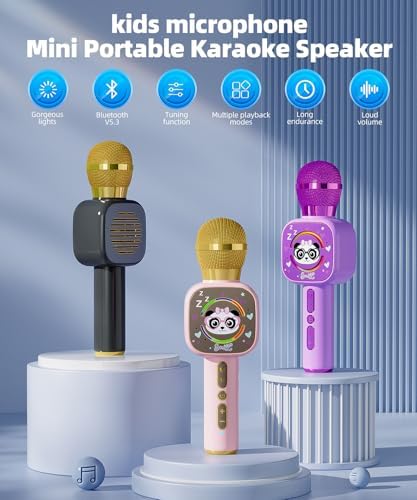 Bluetooth Karaoke Microphone Toy for Kids - Mini Portable Speaker with LED Lights, Wireless Pairing (TWS) for Duet Singing, Christmas Birthday Gift Toys for Boys & Girls Ages 2-12 (black - 1)