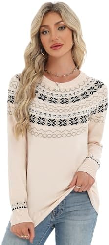 LOMON Womens Casual Lightweight Vintage Fair Isle Sweater Raglan Sleeve Crew Neck Knitted Pullover Comfy Warm Fall Tops
