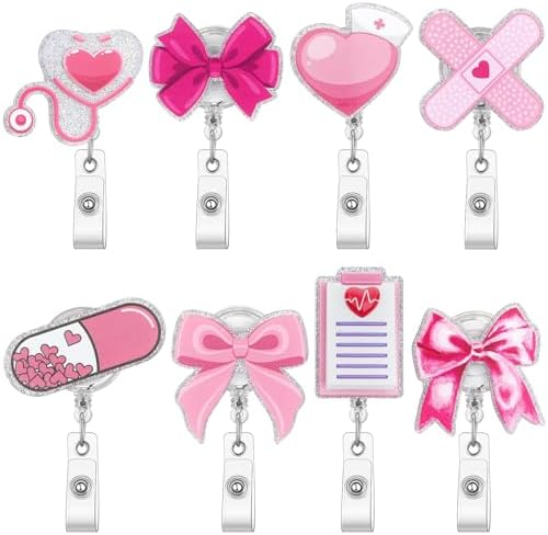 XunYee 8 Pack Pink Bow Nurse Badge Reels Xmas Retractable ID Name Nursing Medical Reels Badge Holder Christmas Stocking Gift for Nursing Student, ID Card Office Nurses Student, Teacher, Medical Worker