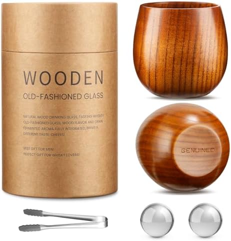 GENUINED The Original Wooden Whiskey Glasses Set of 2, Bourbon Gifts for Men, Anniversary, Birthday, Christmas Gifts, Old Fashioned Wood Bourbon Drinking Glass