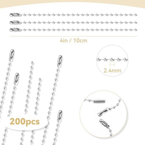 Yuntop 200 Pcs Silver 3.9 Inch / 10 cm Stainless Steel Ball Bead Chain with Locking Clasp for Jewelry Making, DIY Crafts, Hanging Christmas Decoration