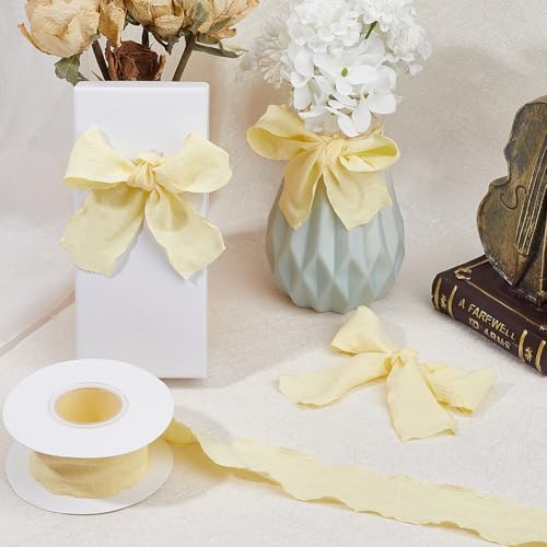 10 Yards 1.5 Inch Yellow Ruffle Fabric Trim Double Ruffled Edge Ribbon Chiffon Polyester Silk Grosgrain Ribbons with Spool for Gift Wrapping Wedding Invitations Bouquet Christmas Party Decor