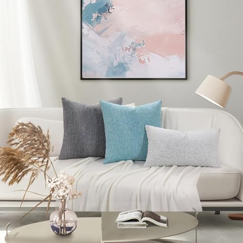 decorUhome Christmas Chenille Decorative Throw Pillow Covers 18x18 Set of 2, Farmhouse Textured Square Neutral Solid Accent Pillow Covers for Couch Sofa Bed Living Room Home Decor, Grey