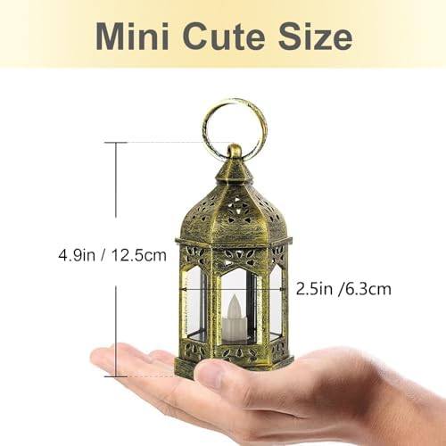 Mini Lantern with Flickering LED Candles Set of 10, Hewory Gold Vintage Decorative Hanging Candle Lanterns for Halloween, Christmas, Wedding Decorations, Party, Table Centerpiece, Battery Included