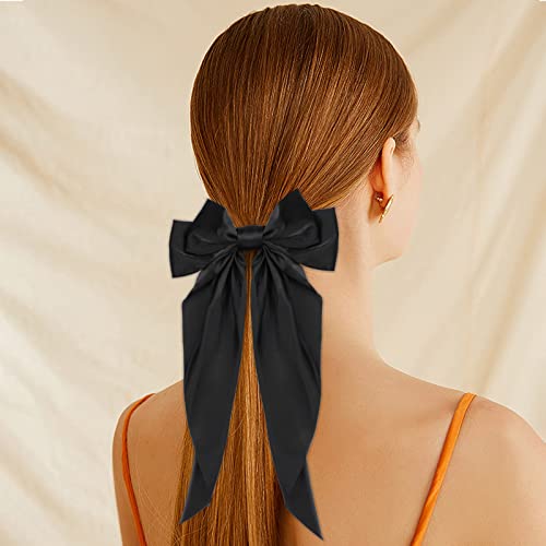 Big Bow Hair Accessories 2pcs - Long Tail French Satin Silky Barrettes for Women and Girls, Black, Burgundy, Red Bows for Birthday, Party, Show, Christmas