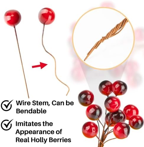 MAQIHAN Artificial Holly Berries - 150 Pcs Christmas Holly Berries Stems for Crafts Faux Holly Berries Artificial Red Holly Berry Stems for Christmas Wreath Christmas Tree Table Kitchen Wall Decor