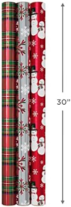 Hallmark Foil Christmas Wrapping Paper with Cut Lines on Reverse (3 Rolls: 60 sq. ft. ttl) Plaid Snowflakes, Snowmen, Red, Green and Blue Plaid