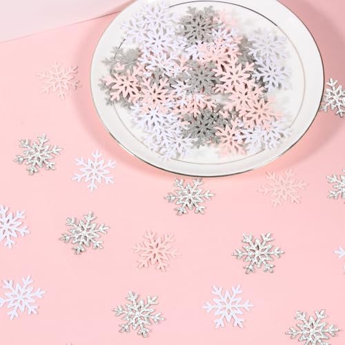 200PC White Pink Silver Snowflake Confetti for Winter Wonderland Decorations Small Snowflakes Table Scatter for Winter Onederland Christmas Birthday Baby Shower Party Table Decor Supplies