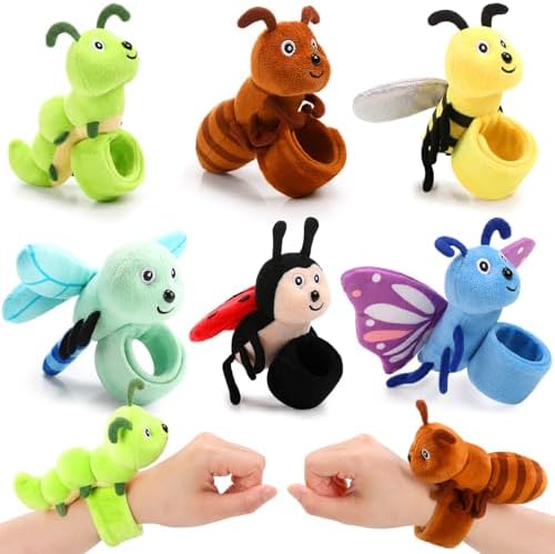 6 Pack Stuffed Animal Slap Bracelets for Kids, 8 Inch Plush Animal Wrist Cute Snap Bracelets in Bulk Thanksgiving Christmas Birthday Gifts for Boys and Girls Party Favors(Insect Animals)