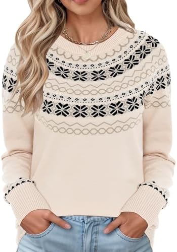 LOMON Womens Casual Lightweight Vintage Fair Isle Sweater Raglan Sleeve Crew Neck Knitted Pullover Comfy Warm Fall Tops