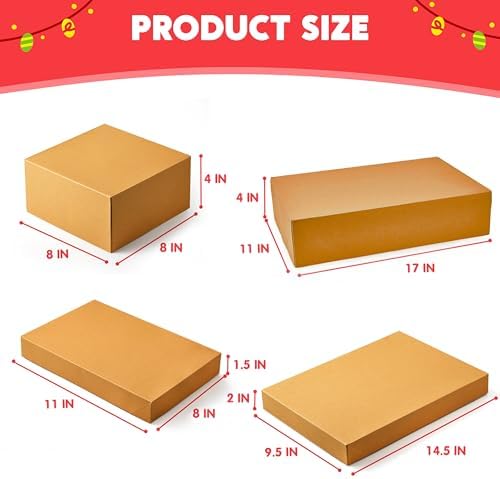 JOYIN 12PCS Christmas Brown Gift Boxes with Lids for Presents, 4" Deep Large Shirt Robe Wrapping Box, 4 Different Sizes Holiday Festive Lingerie Cupcake DIY Kraft Cardboard Boxes