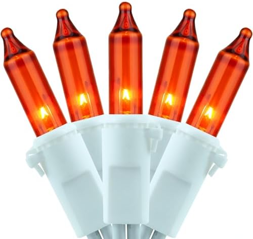 YULETIME 200 Orange Christmas Lights, Pack of 2 Sets 33 Feet 100 Count UL Certified Incandescent String Lights (Orange - White Wire)