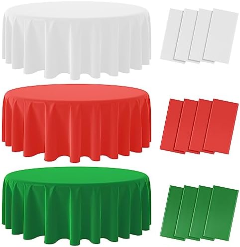 12 Pack Christmas Round Disposable Tablecloth, Red White Green Circle Plastic Tablecloth Bulk, Italy Theme Table Covers for Christmas Family Gathering Dining Banquet Italian Party Decoration,84inch