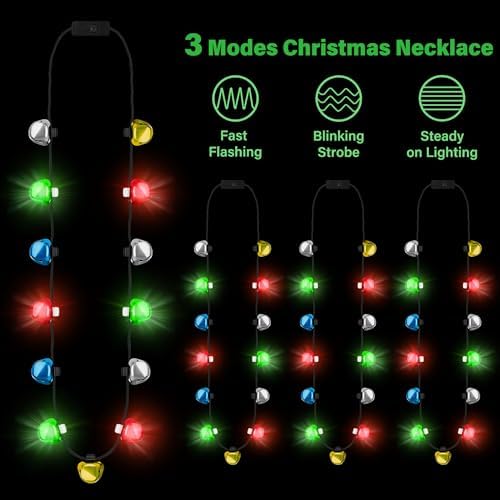 Christmas Light Necklace, 3Pcs Bells Light up Christmas Necklace, Jingle Bells Xmas Necklaces Women Men, 3 Modes Party Favors Ugly Sweater Holiday Party Supplies Accessories