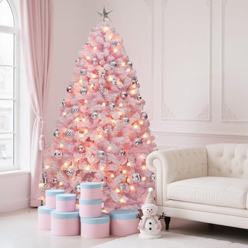 YITAHOME 6 FT Prelit Pink Flocked Christmas Tree, Pre-Lit Pink Spruce Artificial Christmas Tree with 928 PVC Flocked Tips and 250 Warm-White Lights for Home, Office Decoration