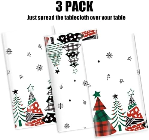 3 Pack Christmas Tablecloth, Disposable Plastic Xmas Table Cover 54 x 108 Inch Rectangular, Buffalo Plaid Table Cloth, Party Supplies for Holiday