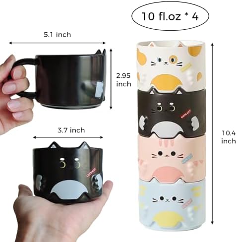 Stackable Mug Set of 4, Adorable Ceramic Coffee Mugs with Funny Cartoon Cat Designs, Perfect Gifts for Parties, Christmas, and Cat Lovers, 10 oz
