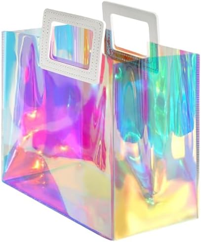 VUOJUR Holographic Large Gift Bag 12.8x11.6x5.7'' Clear Reusable Birthday Gift Bag for Women Girls Iridescent Bachelorette Wedding Christmas with Handle
