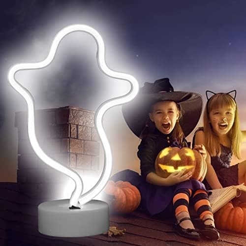 Ghost Neon Lights Halloween Decorations, LED Signs Spooky Shape Neon Signs Night Lights for Gothic, Home, Wall Party Christmas Decor-Ghost with Holder Base(White)