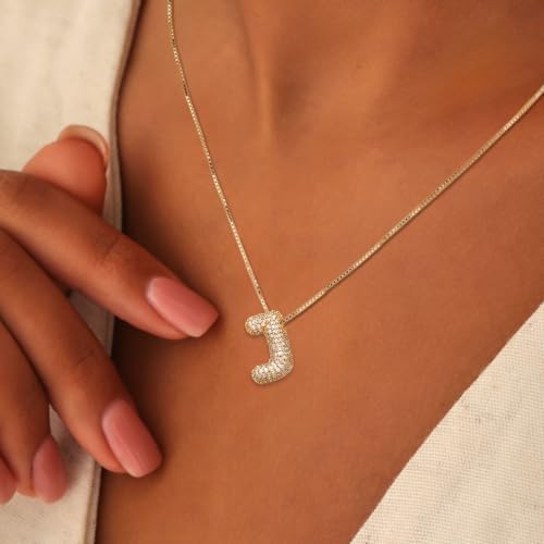 18K Bubble Letter Necklace Gold for Women, Chunky Gold Necklace Rhinestone Initial Necklaces as Christmas Birthday Gifts Charm Puff Name Pendant Alphabet Necklaces Non Tarnish Gold Plated Jewelry