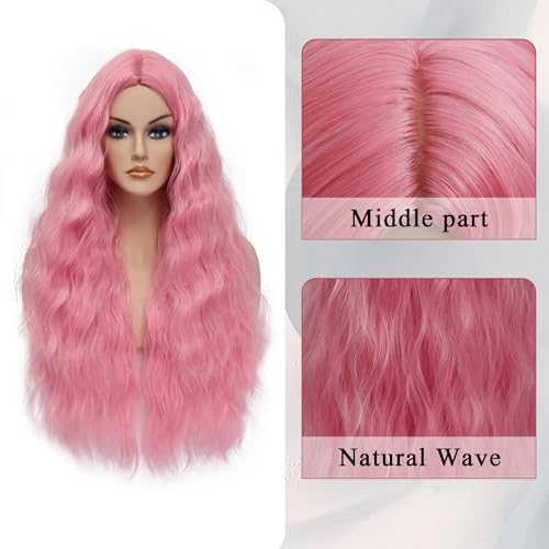 30 Inch Pink Wigs for Women Long Wavy Wigs Light Pink Wig Colorful Curly Wig Natural Looking Middle Part Synthetic Heat Resistant Wigs for Cosplay Halloween Christmas Gifts Party Daily Use
