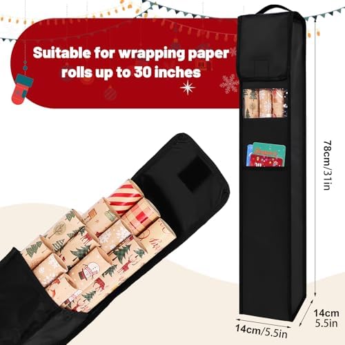 Wrapping Paper Storage Bag 31 Inch Christmas Gift Wrapping Paper Organizer Storage Containers Clear Window Gift Wrap Holder with Pocket and Handle for 9 Standard Rolls Holiday Crafts