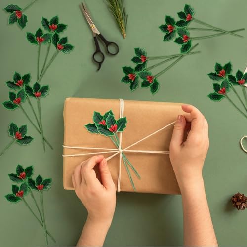 XunYee 48 Pcs Lacquered Holly Picks Artificial Red Holly Berry Stems with Leaves Christmas Holiday Mini Holly Leaves Decorations for Home Christmas Holiday Party Crafts Decoration Gifts