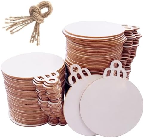 William Craft 100PCS 4" x 4.7" Inch DIY Wooden Christmas Ornaments Unfinished Predrilled Wood Slices Circles for Crafts Round Centerpieces Discs Holiday Hanging Decorations