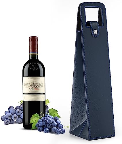 Wine Tote Carrier, Reusable Leather Single Bottle Champagne, Beer Gift Bags for Birthday, Wedding, Picnic Party, Christmas - Blue
