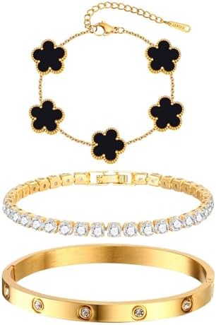 Womens Stackable Floral Gold Bracelets - 3Pcs 18K Gold Plated Bracelet,Stainless Steel Bangle Bracelets Non Tarnish, Gold Bracelet Set Trendy Jewelry,Christmas Valentines Birthday Gifts for Girlfriend