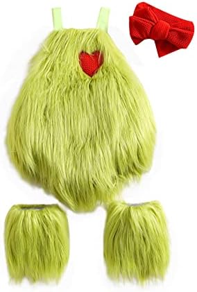 Christmas Baby Girl Outfit Infant Furry Sleeveless Romper Headband Leg Warmer Green Monster Xmas Cosplay Costume