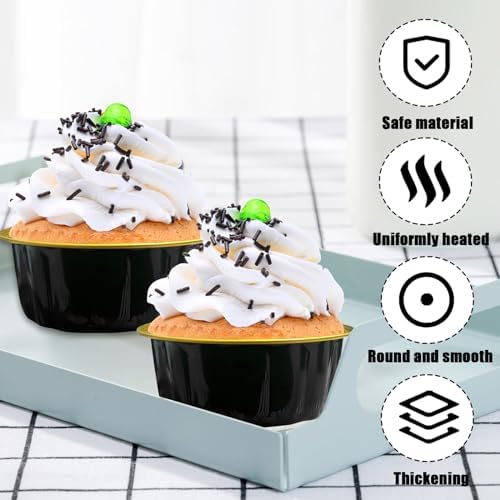 100 Pcs 8 oz Aluminum Foil Cup with Lids Disposable Ramekins with Lids Disposable Ramekin Baking Cups Foil Cupcake Containers for Wedding, Christmas, Kitchen, Party (Black, Gold, 8 oz)