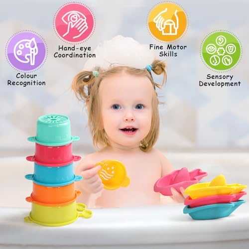 11 PCS Toddler Bath Toys for Kids Ages 1-3 Baby Shower Toys Mold Free Bathtub Toys for 12-18 Months Pool Water Table Beach Sand Toys Stacking Cups for Kids 2-4 Christmas Birthday Gifts for Boys Girls